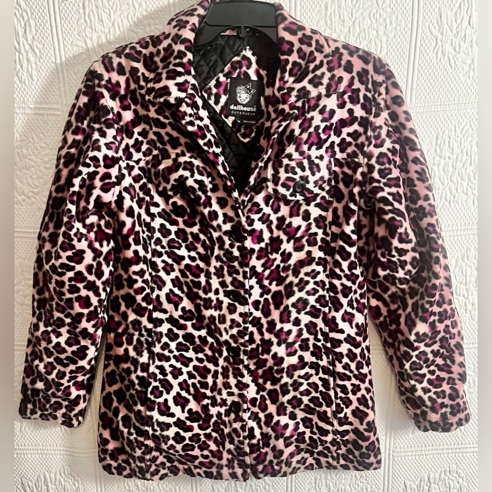 Dollhouse Pink & Black Teddy Jacket Plush Pink Leopard Print Size M Medium